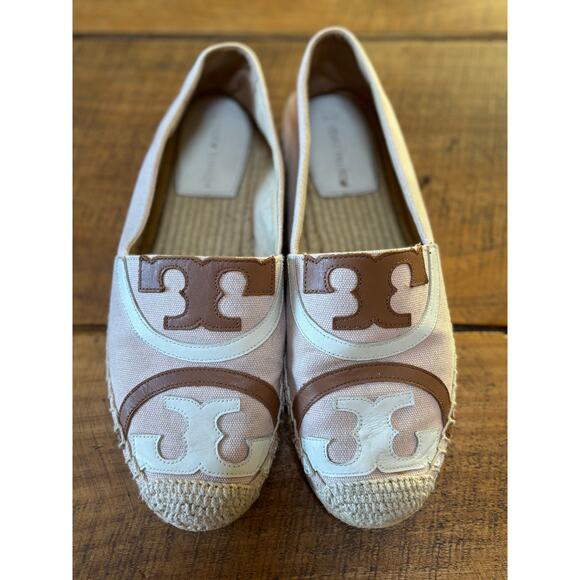 Tory Burch Poppy Espadrille Canvas Leather Tan Logo Womens Flat Shoes Size 8 - Picture 2 of 11